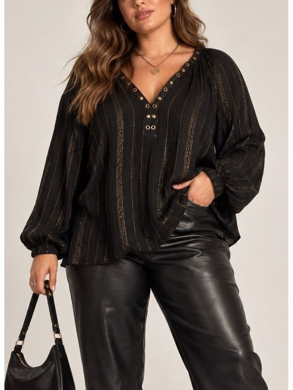 Black Gold Metallic Stripe Blouse Grommet V Neck Boho Holiday Party Womens XL